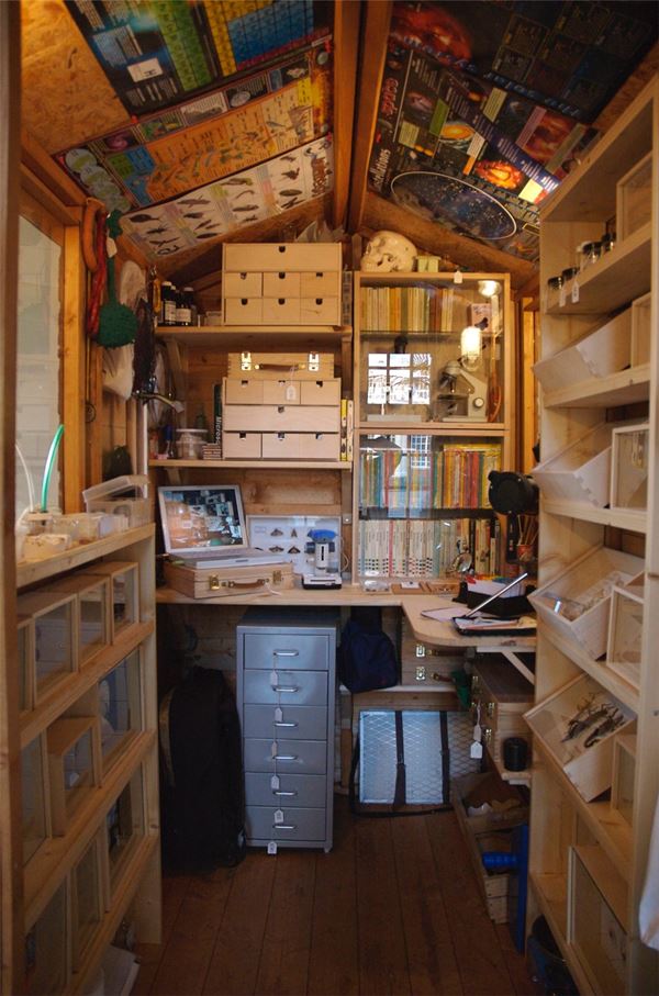 photo of the inside of a garden shed filled with scientific equipment, samples, charts and files.
